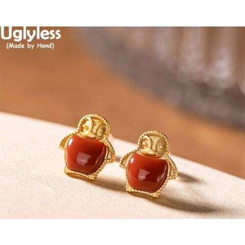 Uglyless LOVE Antarctica MINI Fat Penguin Studs Earrings for Women 100% Real 925 Silver Animals Earrings Gold Jade Agate Brincos