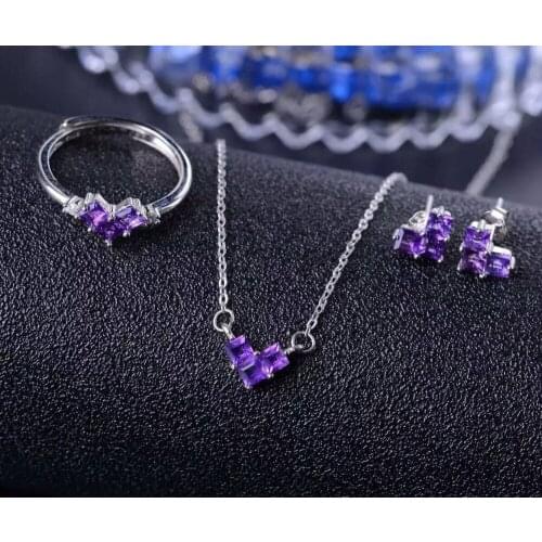 Natural amethyst gem jewelry sets natural crystal ring Pendant Earrings S925 silver Elegant Simple square heart fine jewelry