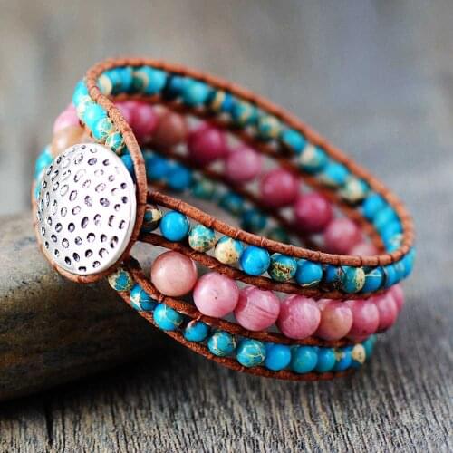 Inspirational Bracelet Natural Japser Vintage Leather Wrap Bracelets Wholesale Handmade Bohemia Woven Bracelet Women Jewelry