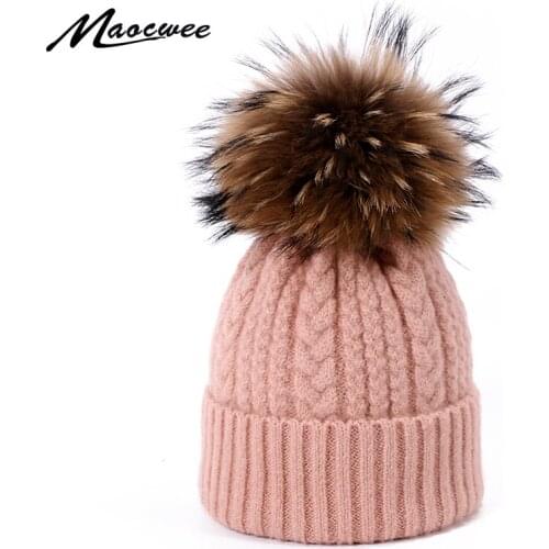 Knitted Real Fur Pompom Skullies Beanies For Girl Women Winter Wool Warm Cotton Hat Outdoor Casual Solid Color Lady Beanie Caps