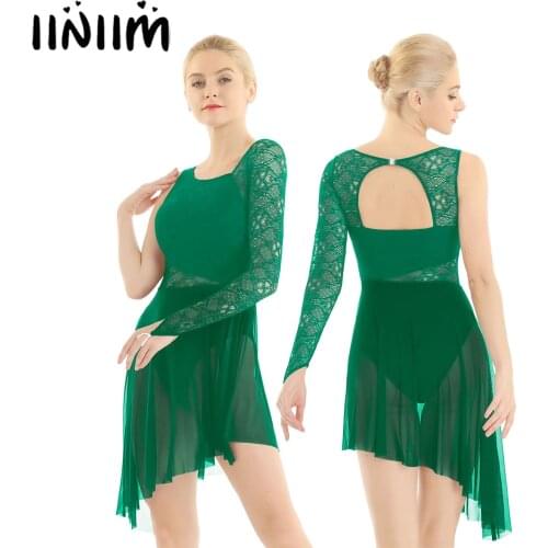 Women Ballet Leotard Dress Single with Fingertip Lace Bodice Lyrical Modern Dance Wear Femme Adult Asymmetric Gymnastics Costume