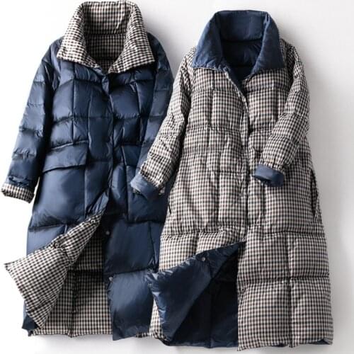 Womens Long Down Jacket Double-sided Small Plaid Down Jacket Womens Mid-length Down Jacket