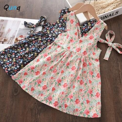Qunq Floral Girls Dress 2021 New Summer V-neck Bow Kids Dresses for 2 3 4 5 6 7 8 Year Girl Toddlers Children Princess Costume