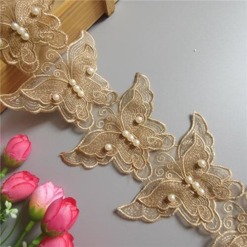 1 yard Gold Pearl Butterfly Embroidered Lace Trim Ribbon Fabric Patchwork Sewing Supplies Craft For Dress Clothes Decoration