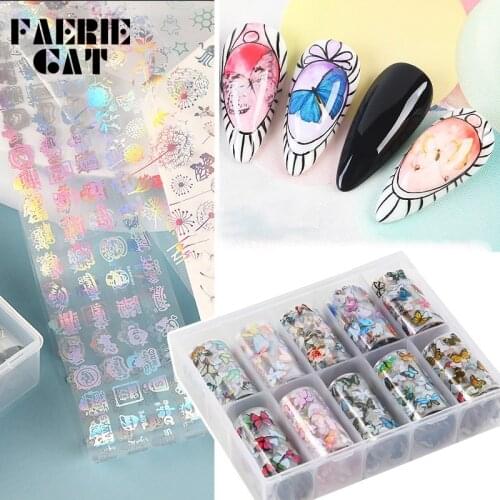 10pcs/box 50x4cm Nail Foils Symphony Butterfly Flower Nail Art Transfer Decal Starry Paper Nails Stickers Decoration Holographic