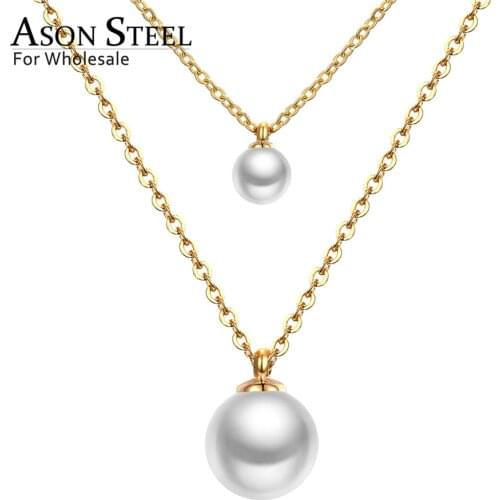 ASONSTEEL Double Link Chain Choker Necklaces Stainless Steel Imitation Pearl Round Pendant Necklaces Female Party Wholesale Gift