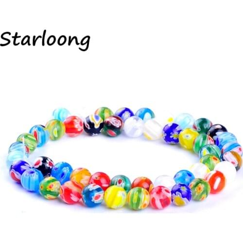 47pcs/string color mixed 8mm round shape flower pattern glazed glass lampwork beads for bracelet necklace DIY jewelry making