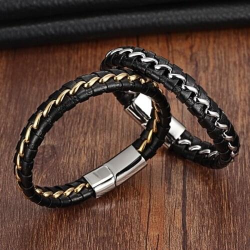 Black 316L Stainless Steel Genuine Leather Bracelet For Women Men Leather Knitted Magnetic Clasp Bracelets & Bangles Men Jewelry