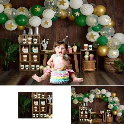 Children Birthday Party Photography Backdrops Coffee Shop Milky Tea Rustic Brown Wood Wall Balloon Decor Photo Studio Background
