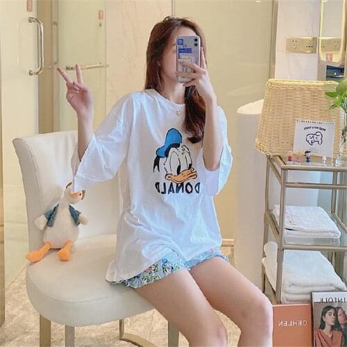 Disney cartoon duck pajamas female summer short-sleeved modal cotton Donald Duck blue thin casual loose home service suit