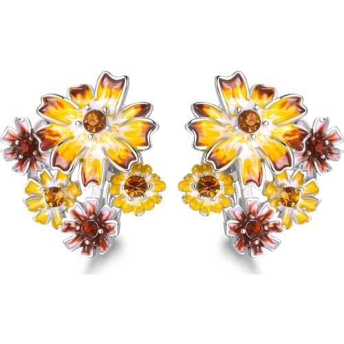 Fashion Elegant Enamel Chrysanthemum Sunflower Stud Earring for Women Silver Color Crystal Inlay Gangler Earing Anniversary Gift