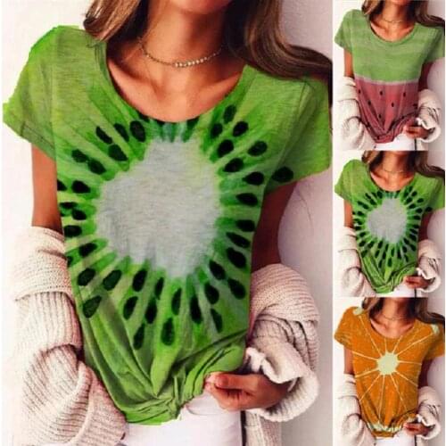 Fashion T-shirt Women Tie Die O Neck Short Sleeve Loose T-Shirts Fruit printing loose T-shirt O neck short-sleeve casual Tops