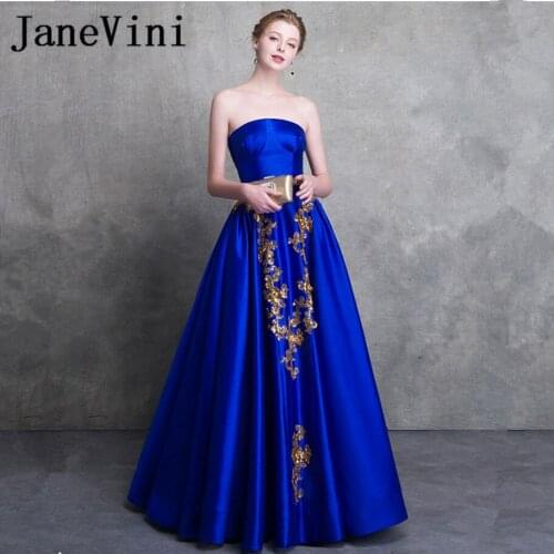 JaneVini Gorgeous A Line Royal Blue Long Prom Dresses Strapless Gold Appliques Beaded Backless Satin Evening Formal Party Gowns