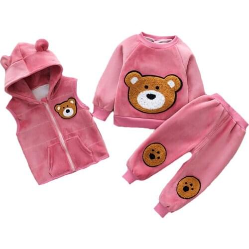 Winter Toddler Baby Girls Clothing Set 1-4 Years Cartoon Bear Keeping Warm Vest+Shirt+Pants 3pcs Suit For Kids Children Present
