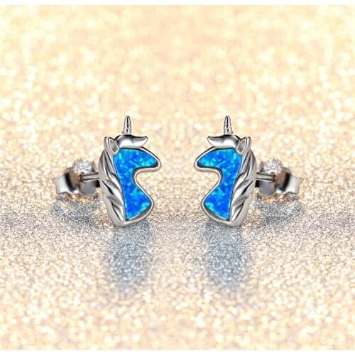 Creative Unicorn White Blue Opal Stud Earrings Vintage Rose Gold Silver Color Earrings Fashion Animal Wedding Earrings For Women