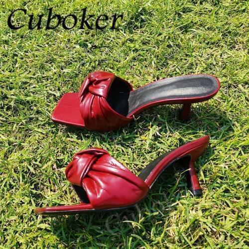 Brand Designer Square Toe Women Slippers Kitten Heel Leather Slides Female Fold And Knot Slip On Mules Summer Slippers For Women