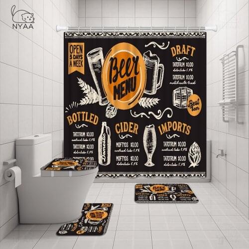 NYAA Cold Beer Printed Shower Curtain Set 4pcs Anti-slip Mat Toilet Cover Set Bathroom Decoration 4-piece Set