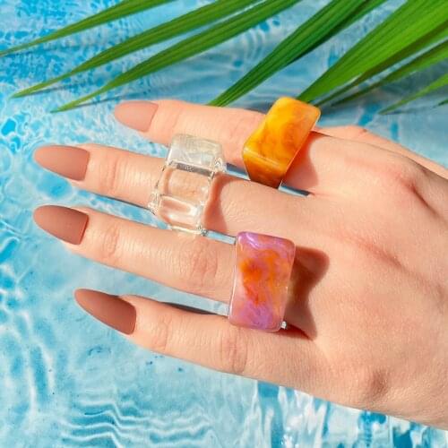 FNIO 2021 New Trendy Colorful Transparent Acrylic Geometric Square Round Ring Resin Rings for Women Girls Jewelry