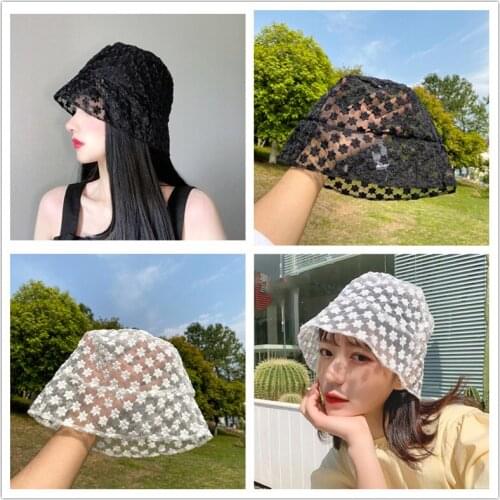 New Hot Bucket Hat Female Hollow Lace Mesh Flower Vintage Bucket Capes Summer Japan Korea Breathable Thin Sunshade Fisherman Hat