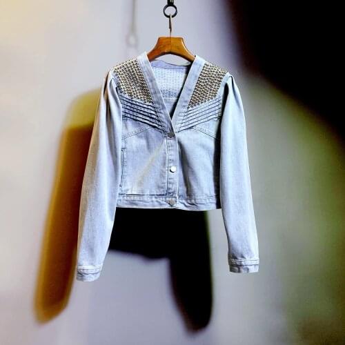 Manual Rivet V-neck Short Denim Jacket Vintage Washed Blue Women Cowboy Coat Spring Long sleeve Streetwear Jaqueta Jean Feminina