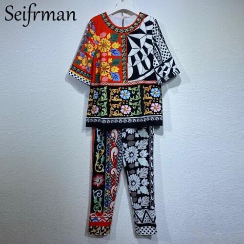 Seifrmann New 2021 Summer Women Fashion Designer Pant Set Short Sleeve Loose Tops + High Waist Vintage Printed Long Pants Suits