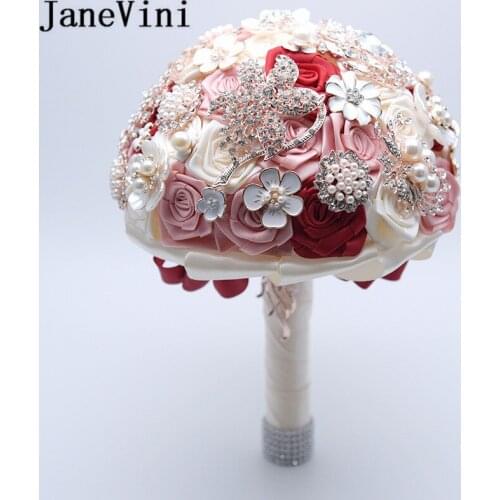 JaneVini Bride Wedding Bouquet Pearls Crystal Beaded Pink Flowers Satin Luxury Artificial Bridal Flower Bouquets boeket bruiloft