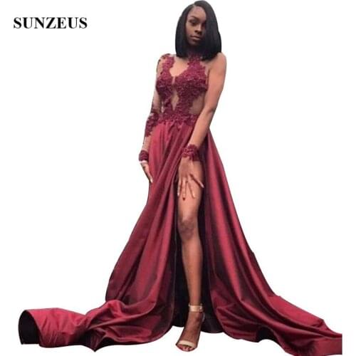Custom Made Sheer Long Sleeves Thigh-High Slit Prom Dresses 2019 Appliques Side Split Appliques Burgundy Evening Party Gown