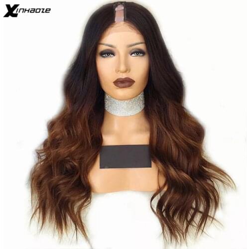 XinHaoZe 150% Density Brown Ombre Human Hair Wigs Natural Wave Malaysian Remy Glueless U Part Wigs Middle Upart Two Tone
