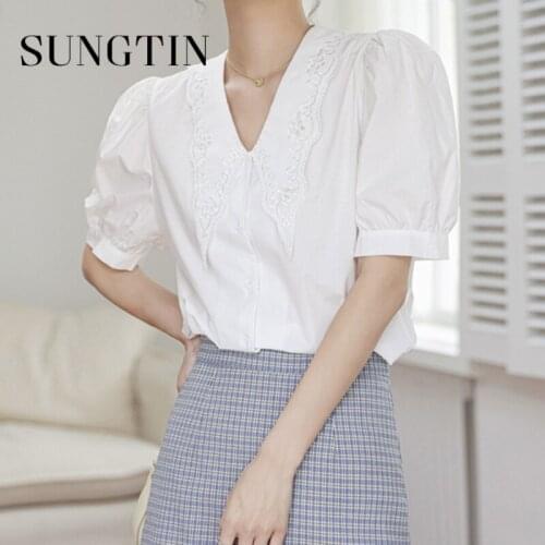 Sungtin Vintage Puff Sleeve Embroidery Hollow Shirt Women Solid Peter Pan Collar Cute Blouse Casual Summer Korean Chic Shirt New