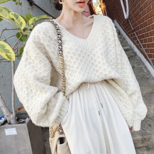 2021 Women Autumn Winter White Oversize Knitted Sweater Coat Jacket V Neck Vintage Full Sleeve Casual Pullover Jumpers