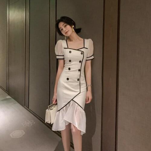 2021 Summer New Style Celebrity Fashion Square Collar Contrast Double Breasted Fishtail Square Collar Dress Dresses for Women