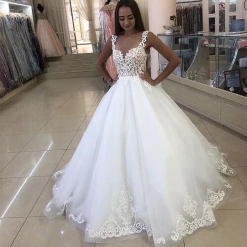 ANGELDBRIDEP Strap Ball Gown Wedding Dresses Robe de mariee Fashion Applique See-thourgh Back Formal Bridal Dresses Plus Size