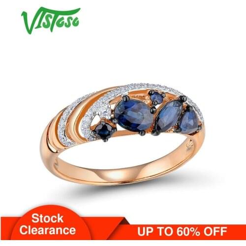 VISTOSO Gold Rings For Women Genuine 14K 585 Rose Gold Ring Sparkling Diamond Blue Sapphire Engagement Anniversary Fine Jewelry
