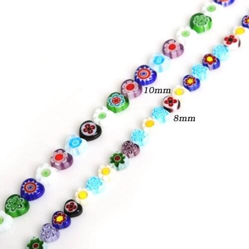 8/10mm Approx 42-53pcs Mixed Color Heart Millefiori Flower Lampwork Glass Beads For Jewelry Making Necklace Bracelet DIY