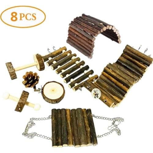 8Pcs Natural Wooden Hamster Swing Cage Teething Toys Set Climb Ladder Bridge Exercise Playing Teeth Care for Rabbits Gerbils Sma