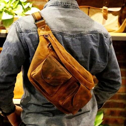 POOLOOS Large Chest Bag Genuine Leather Mens Chest Packs Sling Bag Crossbody Bags Outdoor Riding Bag Biking Bag Vintage Fashion