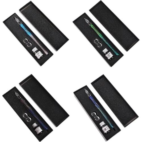 Gradient Starry Sky Glass Fountain Dip Pen Holder Signature Ink Set Calligraphy Writing Stationery Office School Gift Box C90C