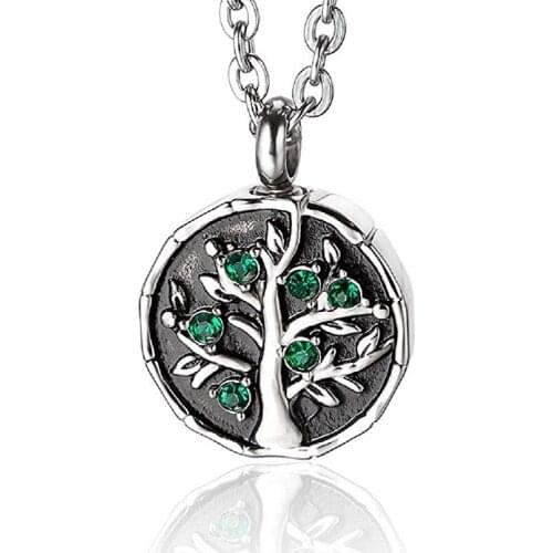 JJ117 Hold Green Crystal Tree Of Life Memorial Jewelry Engravable Stainless Steel Cremation Necklace Urns For Ashes Pendant