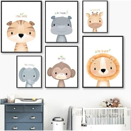 Cartoon Lion Tiger Elephant Hippo Deer Monkey Wall Art Canvas Painting Nordic Posters And Prints Wall Pictures Kids Room Decor