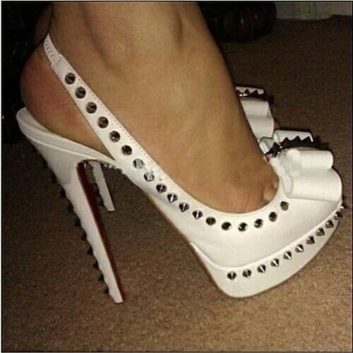 Summer Sexy Rivets Studs Bowtie Platform High Heels Peep Toe Party Pumps Celebrity Back Strap Women Spiked Thin Heels Shoes