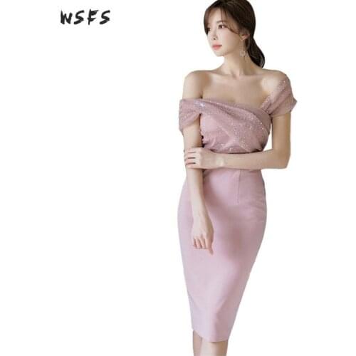 Summer Mesh Dresses One Shoulder Sleeveless Pink Sequined Women Dress 2019 Bandage Elegant Bodycon Sexy Party Midi Wrap Dress