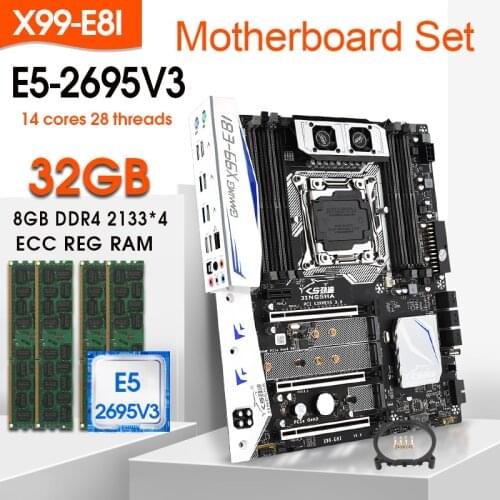 JINGSHA X99 E8I LGA 2011 Motherboard Set With E5 2695V3 And 4pcs x 8GB = 32GB DDR4 2133MHZ ECC REG RAM Support Turbo Boost