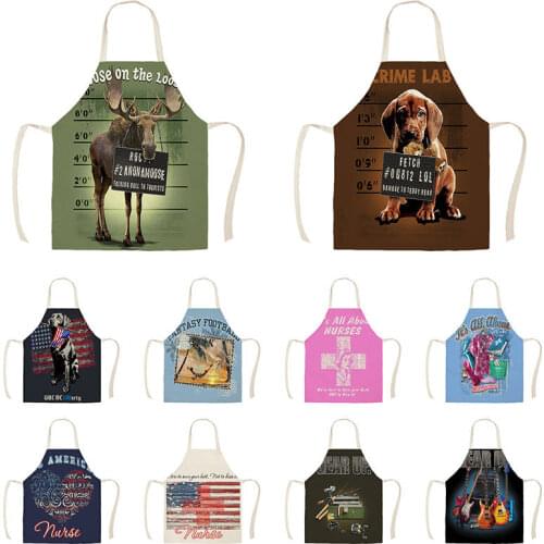 Cartoon Style Dog Cat Fish Kitchen Aprons for Woman Man Home Cooking Baking Shop Cleaning Cotton Linen Apron WQ1491