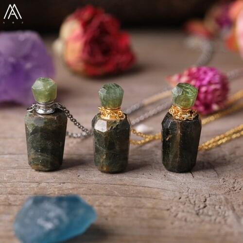 Natural Green Jaspers Gold Perfume Bottles Pendant Necklace For Femme Women Gems Stone Essential Oil Diffuser Healing Jewelry