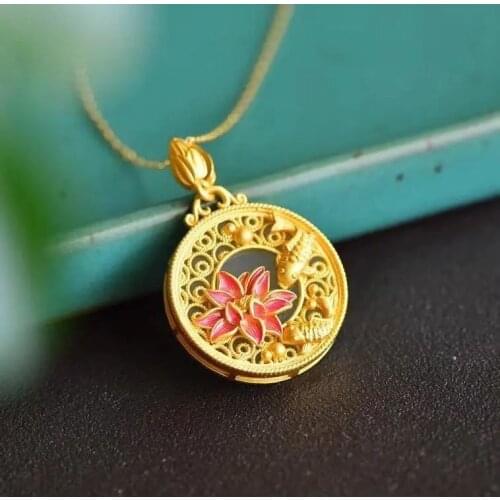 Natural Hetian white jade enamel porcelain round lotus pendant necklace Chinese style retro pattern charm womens jewelry