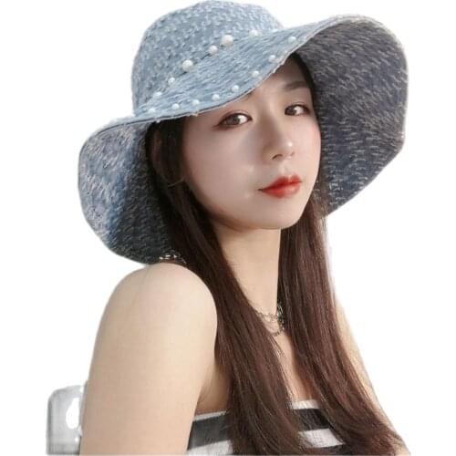 INS women Sun hat floppy washed cotton beading panama cap Gorros Summer vintage girl lady pearl ripped bucket hat