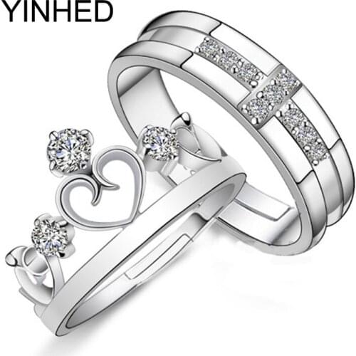 YINHED 925 Sterling Silver Couple Rings CZ Diamant Crown and Cross Lovers Rings for Women and Men Wedding Jewelry Ring ZR012