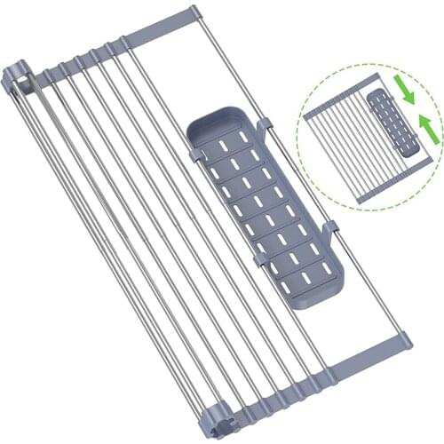 Expandable Roll Up Dish Drying Rack, Foldable Stainless Steel Dish Drying Rack Drainer Over The Sink For Kitchen Dishes