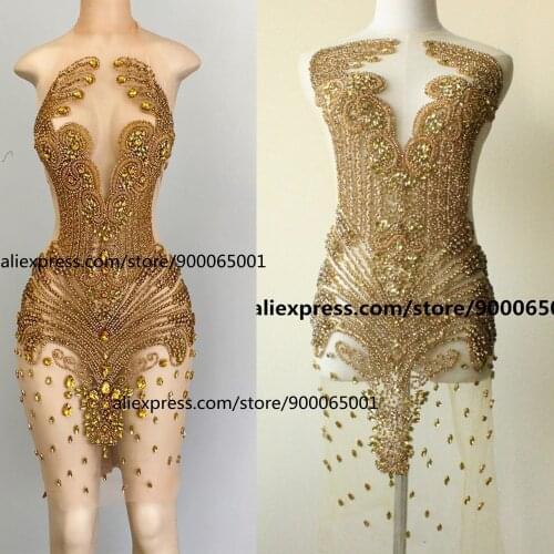 Sparkling Gold full Bodice applique Dress Rhinestones Craft Patch For Wedding Party Dress Decoration Trimming Fabric DIY Fabric