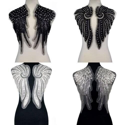 Beaded Mesh White black Feather wings patch Fabric Embroidery Gown Appliques Collar Sew On Patches For Wedding Decoration Dress